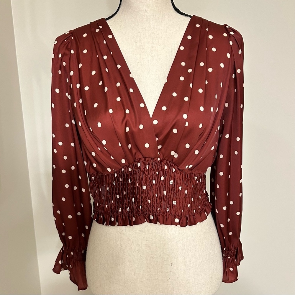 ZARA Rust Polka Dot Long Sleeve Smocked Waist Blouse – Size Small